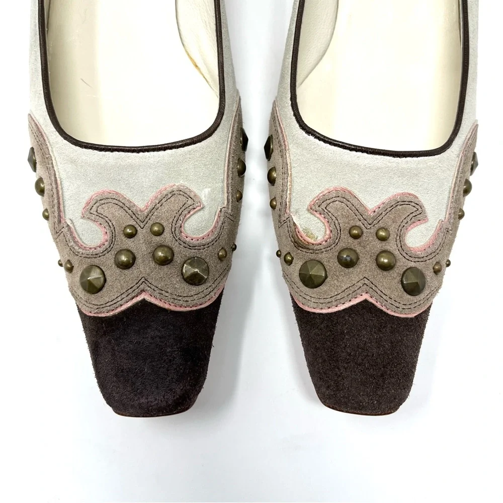 Vintage Miu Miu Y2K Western Suede Kitten Low Heels Pumps Beige Brown Pink 37 7